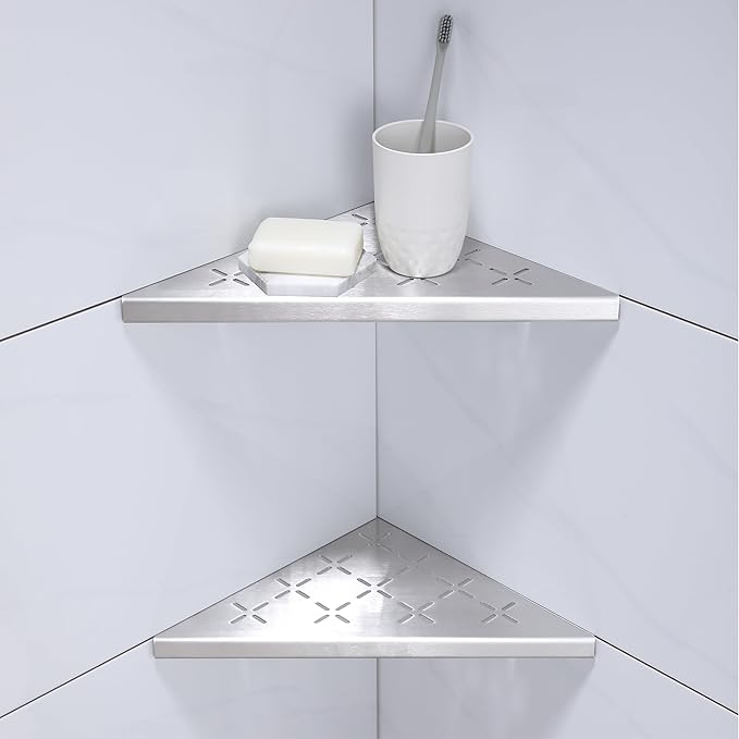 10" Corner Shower Shelf, 2-Pack Shower Shelves SUS304 Stainless Steel Bathroom Shelves for Tile Walls, Recessed Corner Shelf Organizer Rack, No Drilling (Brushed)