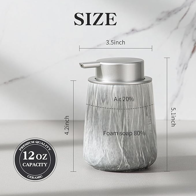 Enra Ceramic Hand Soap Dispenser,12 oz Gray Lotion Dispenser Bathroom Liquid Refillable Dish Soap Dispenser for Bathroom Kitchen with Easy-to-Press Pump (Gray Liquid Type)