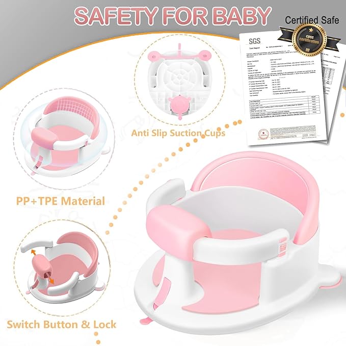 Baby Bath Seat for Babies 6 Months & up, Non-Slip Toddler Bath Seats for Babies Sitting Up,Safe Infant & Newborn Baby Bath Chair Support for Bathtub/Living Room/Shower Room, Pink