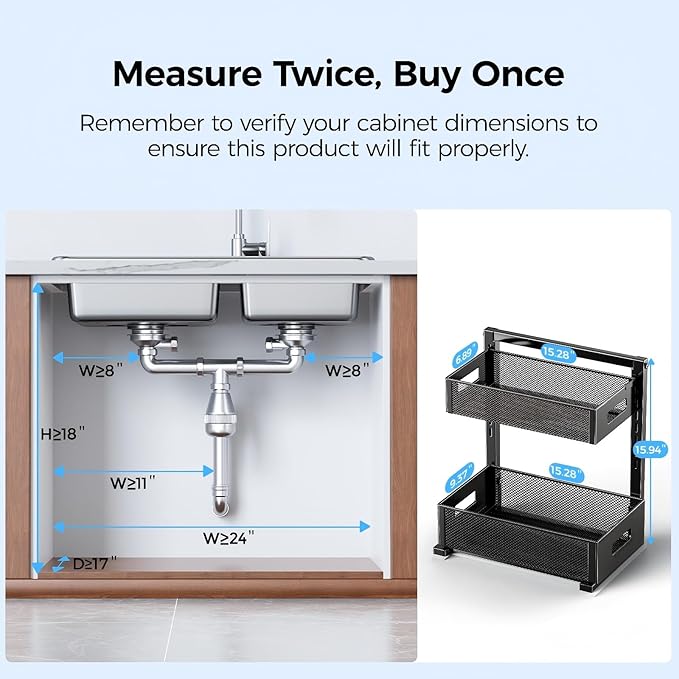 Under Sink Organizer 2 Tier, Adjustable Height Under Sink Organizers and Storage, Smooth & Silent Sliding Out Metal Drawer for Kitchen Bathroom Pantry Cabinet Closet
