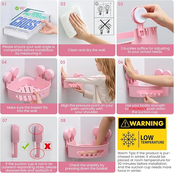 TAILI Corner Shower Caddy with Suction Cups, Wall Mounted Organizer Plastic Rack for Small Bathrooms, Kitchen, Removable Drill-Free Heavy Duty Shelf Basket, PINK
