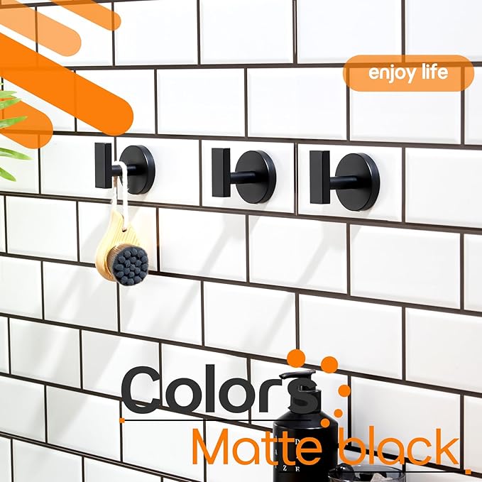 Robe Hook Matte Black Bath Towel Hooks Stainless Steel Wall Hooks for Bathroom Kitchen Closet Garage Door Hanger 3 Pack, AN1001MB-P3