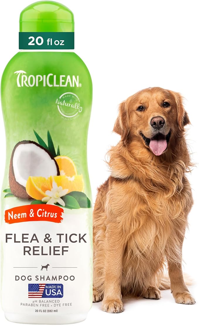 TropiClean Citrus Flea & Tick Shampoo for Dogs, Soothing Bite Relief, Fresh Citrus Scent, Made in the USA, 20oz.