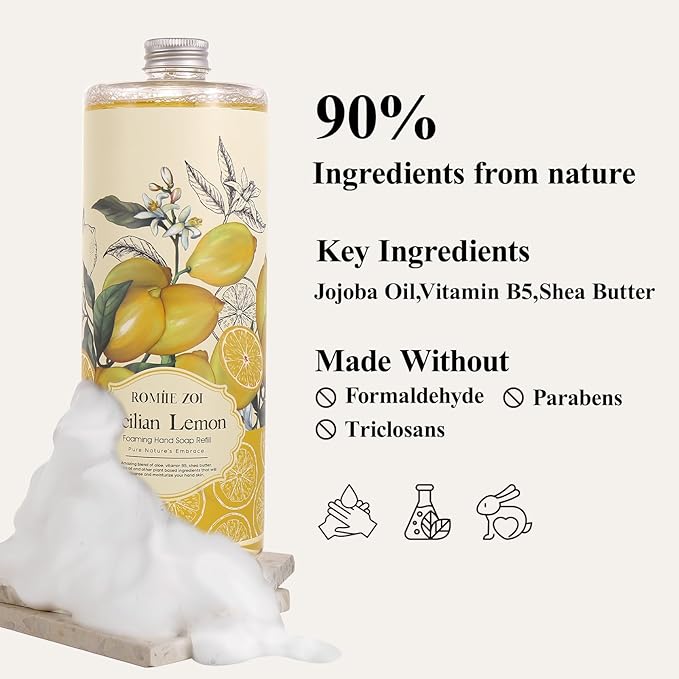ROMIIE ZOI Hand Soap Refills Foaming 3pack (33.8 Fl Oz) + Reuseable Foam Soap Dispenser, Natural and Moisturizing Foaming Refills Kit, Lemon Hand Soap Refills