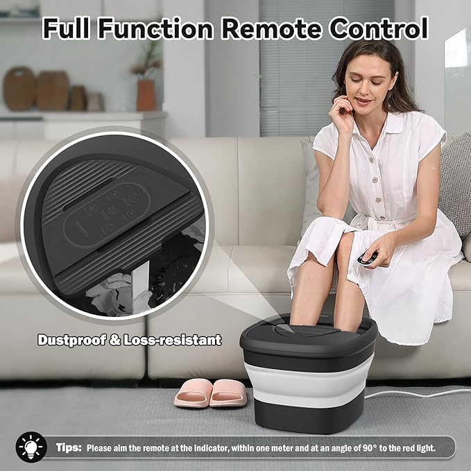 Collapsible Foot Spa with Heat and Remote, Heated Foot Bath Massager with Timer, and 24 Motorized Shiatsu Massage Balls, Foot Soaking Tub Supports Hot/Cold Water Soaking