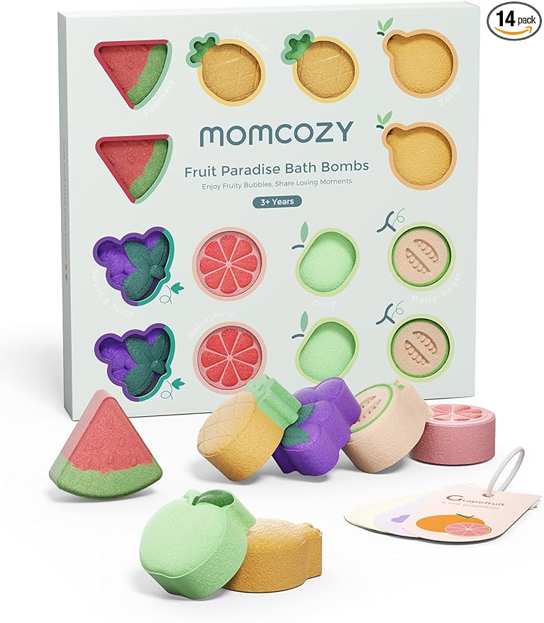 Momcozy 14-Pack Fruit Bath Bombs with Essential Oil, Ideal Christmas Gift for Happy Educational & Fun Bath Time, Bath Bombs Kit with 7 Cute Fruit Shapes, Ideal Gifts for Kids Girls Boys Toddlers