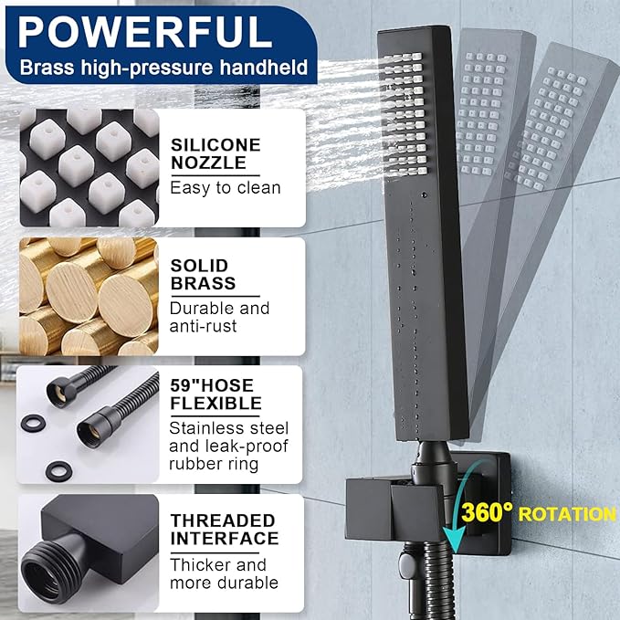 Thermostatic Shower System with 14x20 Inch Ceiling Mount LED Head & 6 Inch Wall Head and Handheld Shower 4 Function Vale with body jets Can All Run Together, Matte Black
