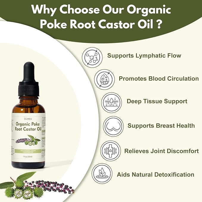 Organic Poke Root Castor Oil – 1 Fl Oz (30ml) Natural Lymphatic Support Massage Oil, Soothing Relief for Cysts, Boils, Breast, Fibroids, Swollen Lymph Nodes & Joint – Deep Tissue Drops