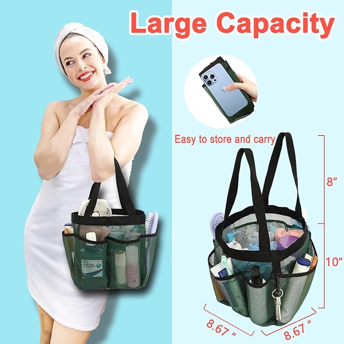 Mesh Shower Caddy Portable for College Dorm Room Essentials, 8-Pocket Large Shower Basket Tote Bag with 2 Handles for Toiletry, Bathroom, Beach, Camp, Gym