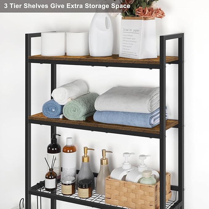 smusei Over The Toilet Storage Shelf, 3 Tier Bathroom Organizer Over The Toilet with Hooks and Toilet Paper Holder Freestanding Wooden Above Toilet Storage Cabinet Rack, Rustic Brown
