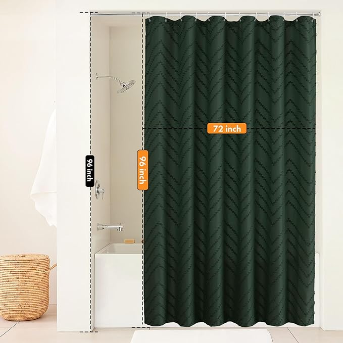 96inch Extra Long Dark Green Boho Shower Curtain Woven Fabric Shower Curtain Tufted Chervon Textured Shower Curtains Modern Minimalist Shower Curtains for Bathroom