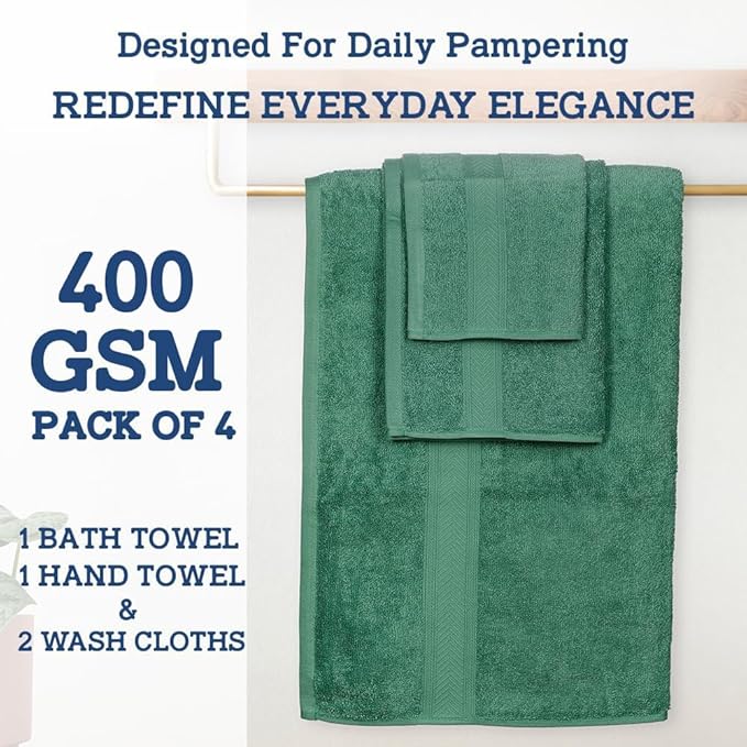 Casa Lino 100% Cotton Bath Towels Set of 4 (1 Bath Towel, 1 Hand Towel & 2 Wash Cloths) - Bathroom Towels and Washcloths Set - Complete Bathroom Set - Guest Room Essentials - (Green)