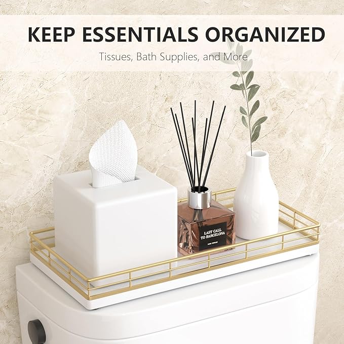 Toilet Paper Basket Organizer – Oak Wood Toilet Tank Tray with Metal Frame, Back of Tank or Top Bathroom Counter Storage – Gold & White Modern Decor