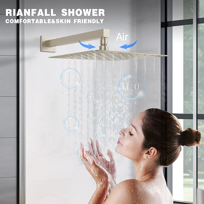 Rainfall Shower System, 12 inch Wall Mounted Rain Shower Head with Handheld Spray, Push Button Diverter 2 Functions Simultaneous Use, Shower Faucet Set Rough-In Valve Includ, Brushed Nickel