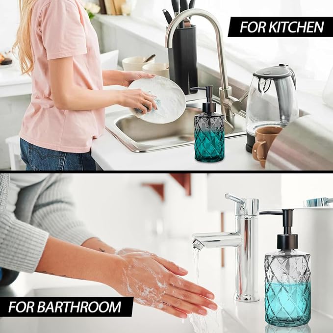 11oz Glass Soap Dispenser with Plastic Pump, Clear & Black Diamond Design Refillable Hand Soap Dispenser for Hand Wash and Dish Wash for Dishwashing Liquid, Lotion Shower Gel