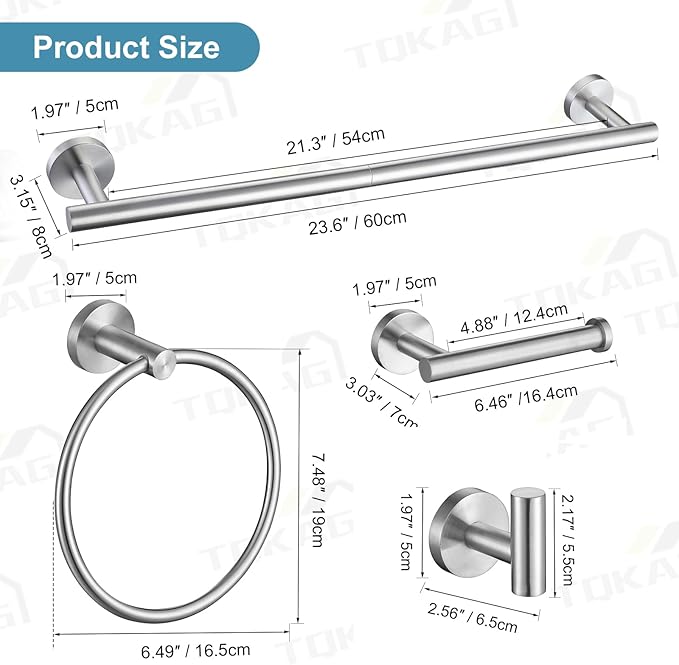 TQKAG Brushed Nickel Bathroom Hardware Accessories Set - 10-Piece Premium SUS304 Stainless Steel Towel Bar Holder Set with 23.6 Inch Round Towel Racks for Wall Mounted Bathroom