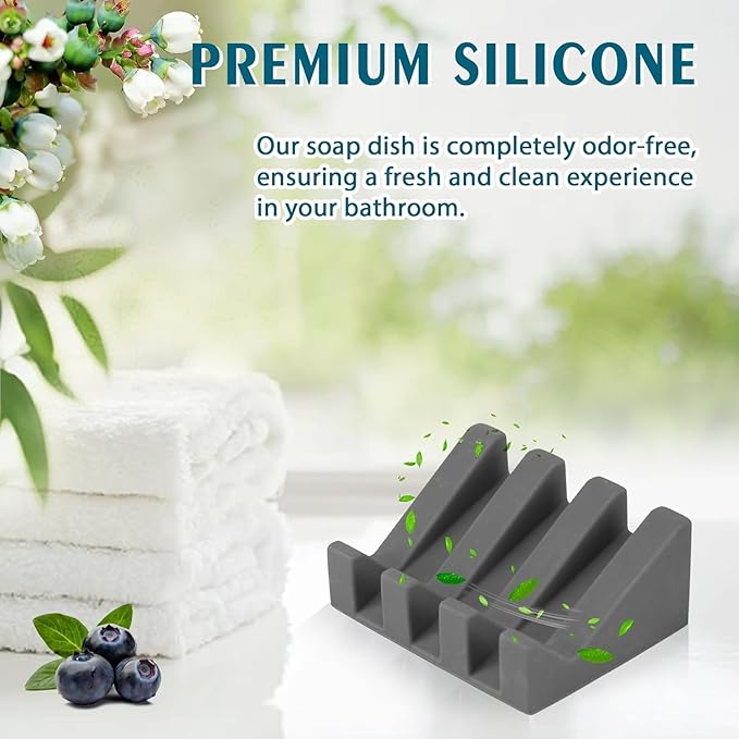 Silicone Soap Dish for Bar Soap Holder for Shower Bathroom Self Draining Waterfall Drying Tray Keep Soap Bars Dry Clean & Easy Cleaning (Gray, 2)
