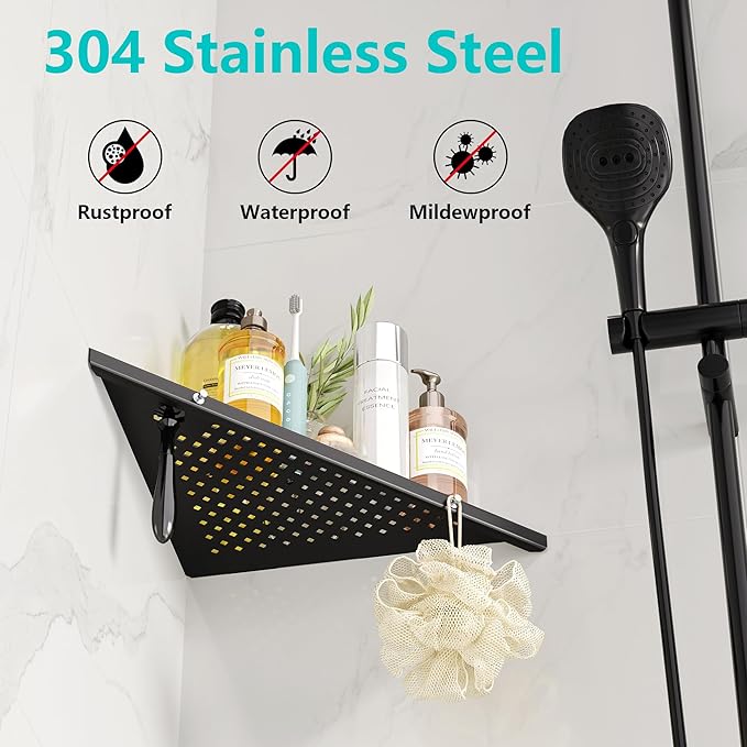 10" Bathroom Corner Shelf, 2 Pack Recessed Shower Shelf Caddy, SUS304 Stainless Steel Shelf Wall Mount Triangular, No Drilling Matte Black