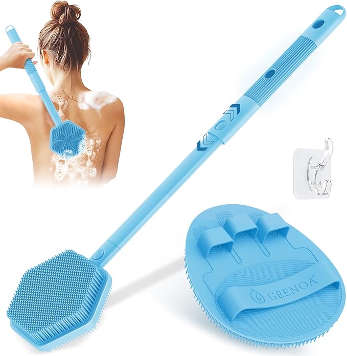 Silicone Back Scrubber & Soft Bath Glove 2PCS, 16''- 21''Extendable Back Scrubber with Dual-Side Large Head, 360° Anti-Slip Hand-fit Silicone Body Scrubber for Rich Foaming Deep Cleaning(Blue)