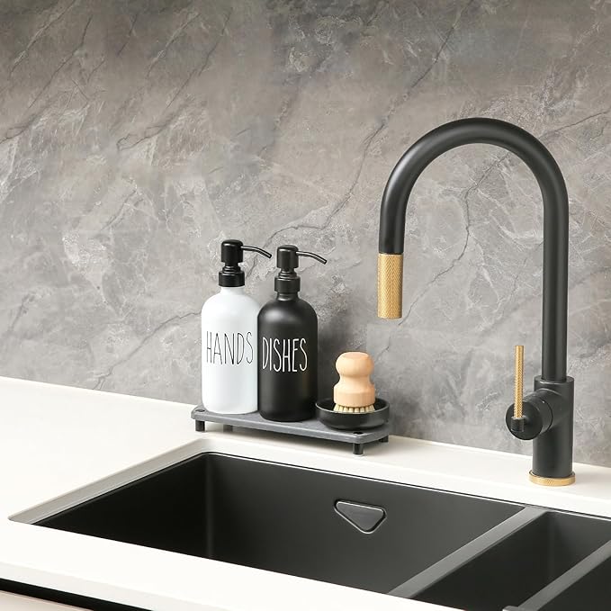 MOMEEMO Soap Dispenser for Kitchen Sink Comes with Stainless Pumps, Instant Dry Tray, and Dish Scrub Brush, Suitable for Black and White Kitchen Decor. (Black & White)