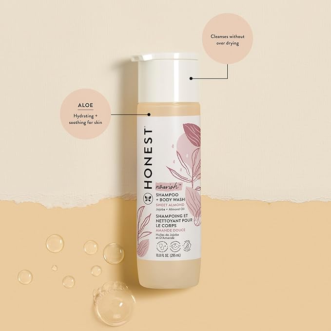 The Honest Company 2-in-1 Cleansing Shampoo and Body Wash Face Lotion Bundle Gentle for Baby Naturally Derived Sweet Almond Nourish 18.5 fl oz
