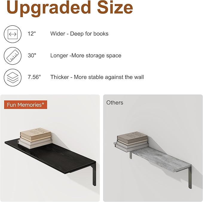 30" W x 12" D Black Floating Shelves for Wall, Deep Wall Shelves with Visible Bracket for Books, Plant, Large Deep Bathroom Shelf for Storage & Display, Set of 2