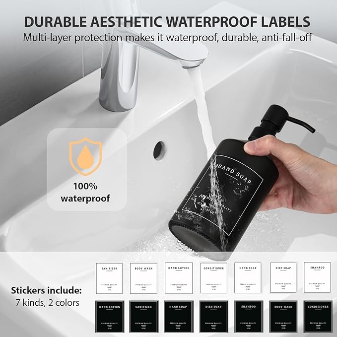 Matte Black Soap Dispenser Set, 17 OZ Hand and Dish Soap Dispenser Set, Bathroom Refillable Soap and Lotion Dispenser Set with Stainless Pump, Modern Liquid Soap Bottle Set(Black Bottle/Black Pump)