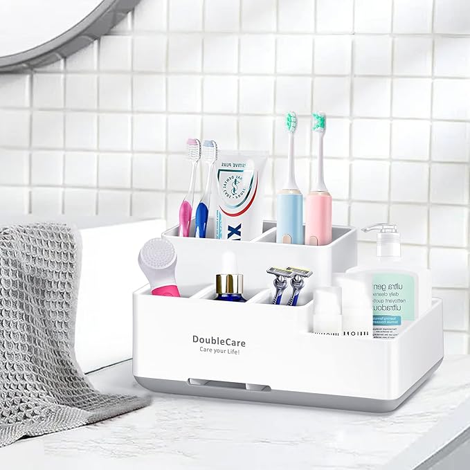 Toothbrush Holder with Anti-Slip, Bathroom Organizer Countertop Detachable for Easy Cleaning, Multifunctional Storage, Bathroom Caddy for Toothpaste, Shaver,Great for Home, Vanity Organizer, Office