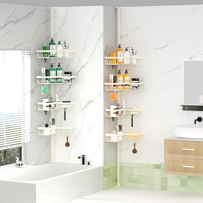 Corner Shower Caddy Tension Pole, 4-Tier Adjustable Corner Shower Caddy with Soap Dish & Razor Holder, Stainless Steel Tension Pole Shelf Fits Bathtub & Floor 25-114.2 inches(Off-white)