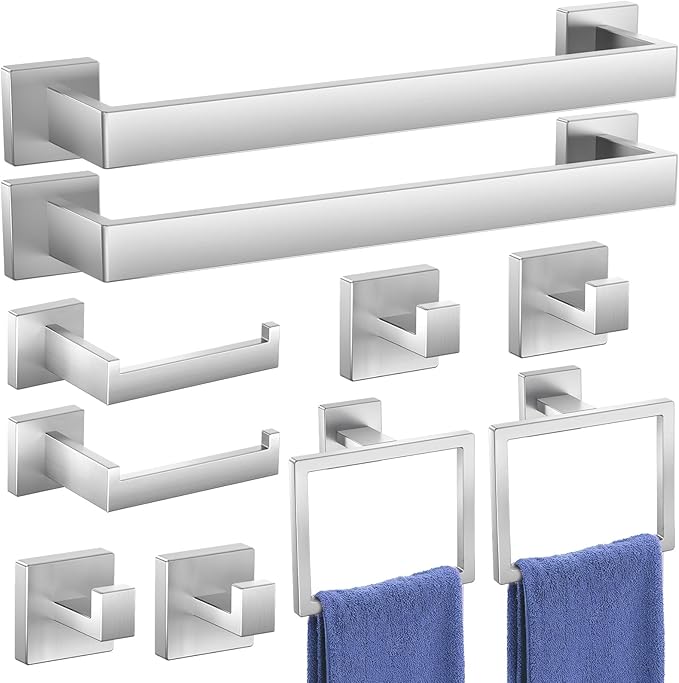 10-Pieces Bathroom Accessories, SUS304 Brushed Bathroom Accessory Set, Nickel Towel Racks for Bathrooml, Stainless Steel, Wall Mounted Towel Rack&Toilet Paper Holder&Towel Ring and Towel Hook