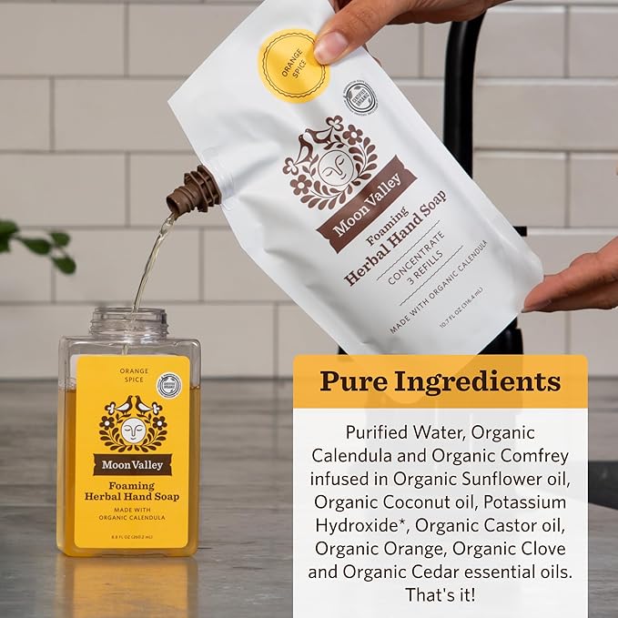 Moon Valley Foaming Hand Soap Refill Pouch, Two-Pack Orange Spice Soap, Vegan and Non-GMO, Environmentally Friendly Option