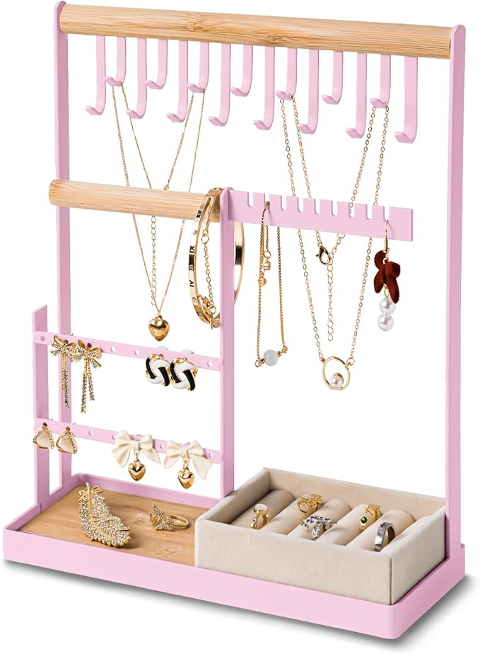 DreamGenius Jewelry Organizer Stand with Velvet Ring Holder, 4 Tier Jewelry Holder Organizer with 15 Hooks for Necklaces and 16 Holes for Earrings, Pink