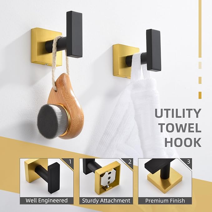 Angle Simple Bathroom Towel Hook 2 Pack, SUS 304 Stainless Steel Bath Robe Coat Holder Wall Mounted, Black & Gold