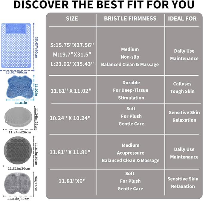 Bath Tub Shower Mat with Soft Shower Foot Scrubber Mat for Massage,Non Slip Bathtub Mat with Strong Suction Cups, Silicone Shower Foot Scrubber Mat (Gray, 27.5" X 15.7"(Rectangular))