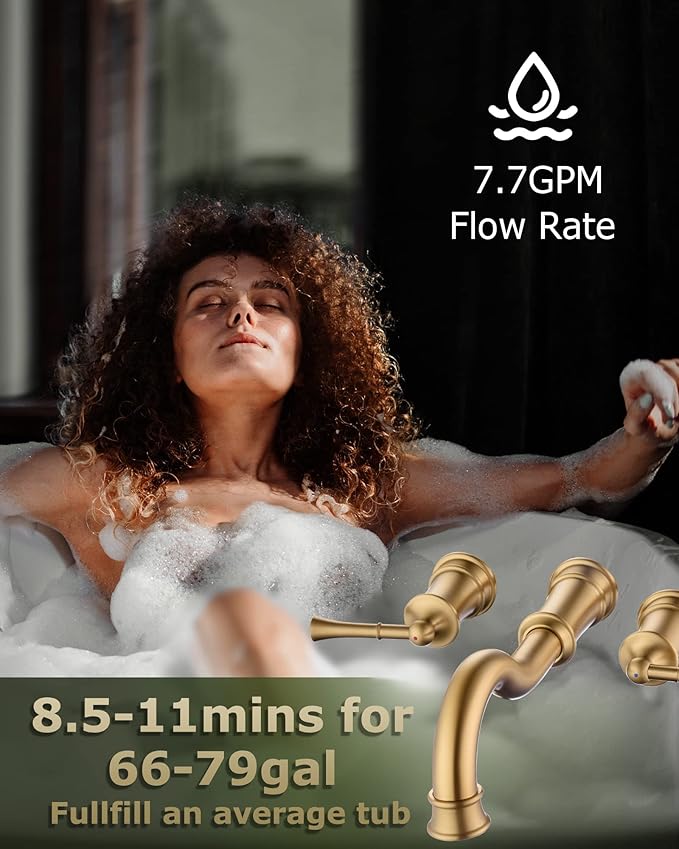 Roman Bathtub Faucet Wall Mount Widespread Tub Filler with Rough-in Valve 3 Holes 2 Lever Handle Elegant Classic Spout for Bathroom, Brushed Gold