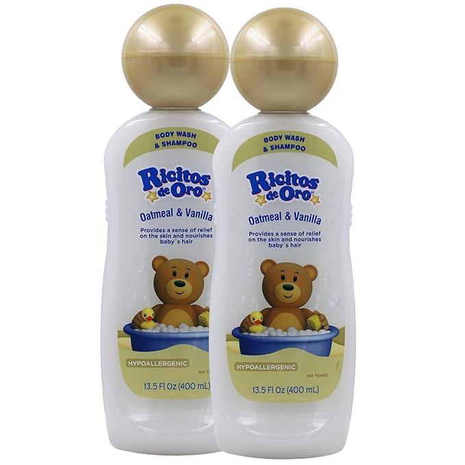 Ricitos de Oro Baby Shampoo and Body Wash, Formula with Oats and Vanilla, Hypoallergenic, Tear-Free Body Wash and Shampoo, 2-Pack of 13.5 Fl Oz Each, 2 Bottles