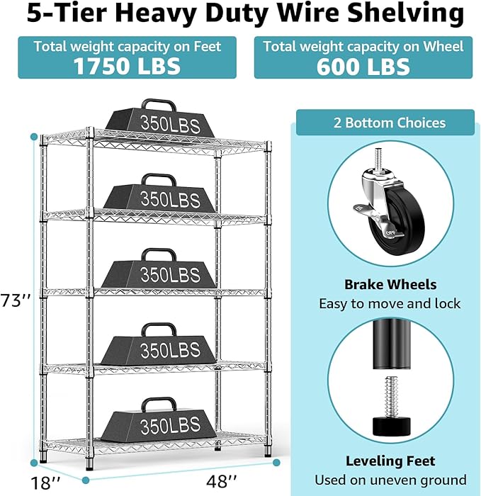 5-Shelf Storage Shelves,Wire Shelving Heavy Duty Metal Storage Shelving Unit Adjustable Garage Shelving Rack Pantry Kitchen (Chrome, 5 Tier,17.7" D x 47.2" W x 76.7" H)