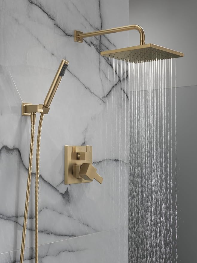 Delta Modern 14 Series Square Rain Shower System Faucet Set, Rainfall Brushed Gold Shower Head and Handle Set, Valve Trim Kit, 10 Inch, Champagne Bronze 342701-CZ