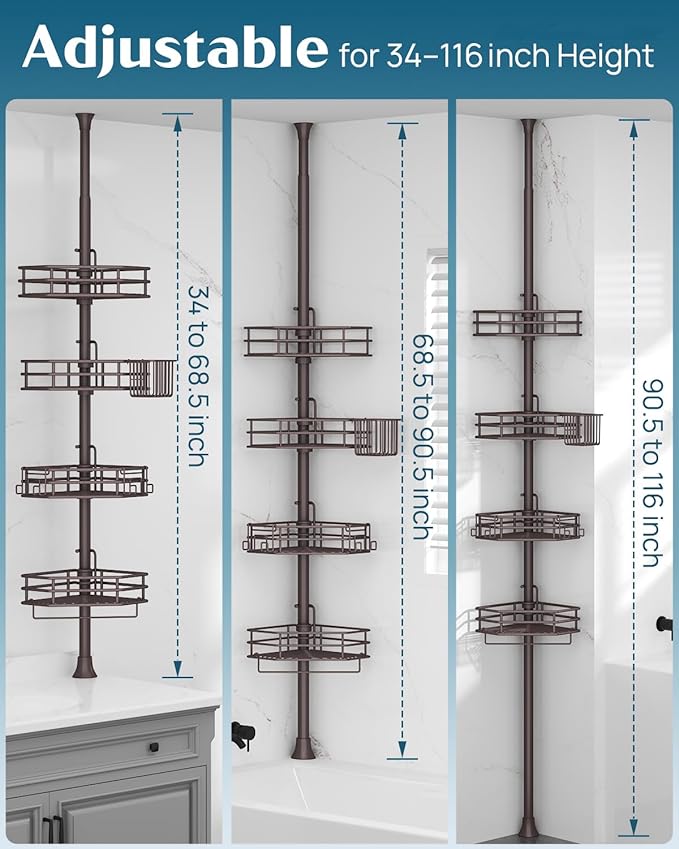 SEIRIONE Corner Shower Caddy Tension Pole, Adjustable Shower Organizer Corner with 4 Shelves, No Drilling Shower Shelf for Inside Shower, Shower Rack for Shower Storage,34 to 116 Inch Height,Bronze
