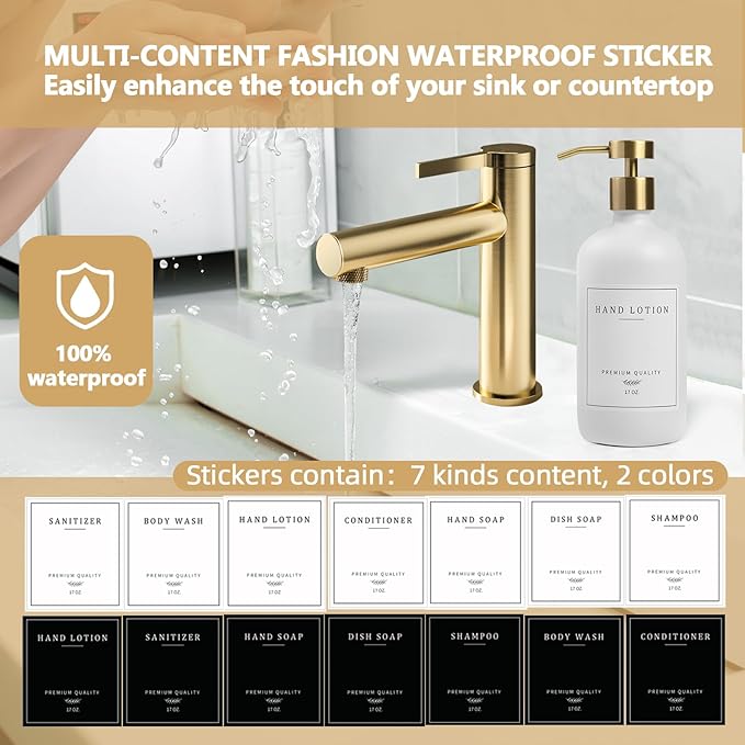 Soap Dispenser Bathroom - Kitchen Dish and Hand Soap Dispenser Set, Glass Bathroom Soap Lotion Dispenser with Pump, Tray, 14 Waterproof Labels, Set of 2 White Bottle/Gold Pump-pd