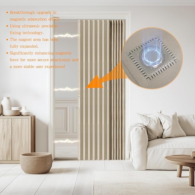 Accordian Door Curtain, 100% Blackout Folding Magnetic Doorway Curtains,Linen Style Closet Doors,for Room Divider,Privacy Protection（W52 x L78,Beige,1 Panel）
