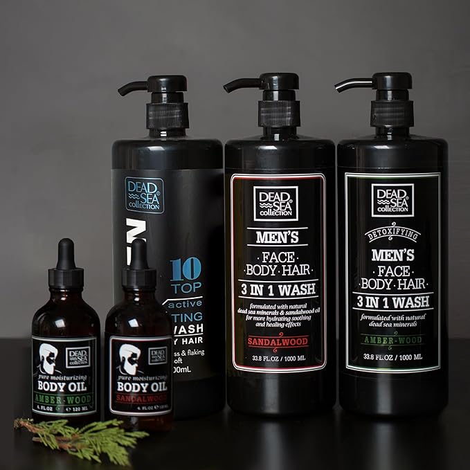 Dead Sea Collection Mens Body Wash 3 in 1 – Amber Wood Body Wash for Men – Shower Gel – Shampoo – Shower Soap for Face and Hair – Pack of 2 Bottles (33.8 Fl. Oz. Each)