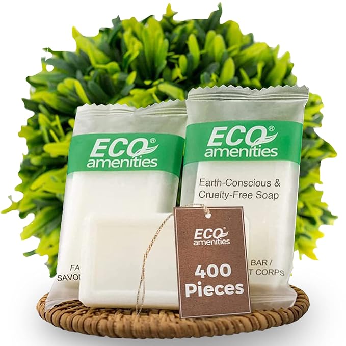 ECO Amenities Travel Size Bar Soap - 400 PACK, 0.5 oz Mini Soap Bars, Hotel Soap Bars, Travel Size Toiletries - Individually Wrapped Bulk Soap Bar, Small Hotel Soaps for BNBs, VRBO, Inns and Hotels