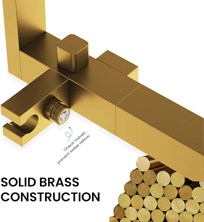 KIBI Cube Brushed Brass Freestanding Bathtub Faucet Floor‑Mounted Brass Tub Filler | Single‑Handle Bathroom Faucets with Hand Shower, Ceramic Cartridge & Stainless Steel Hose (KTF302)
