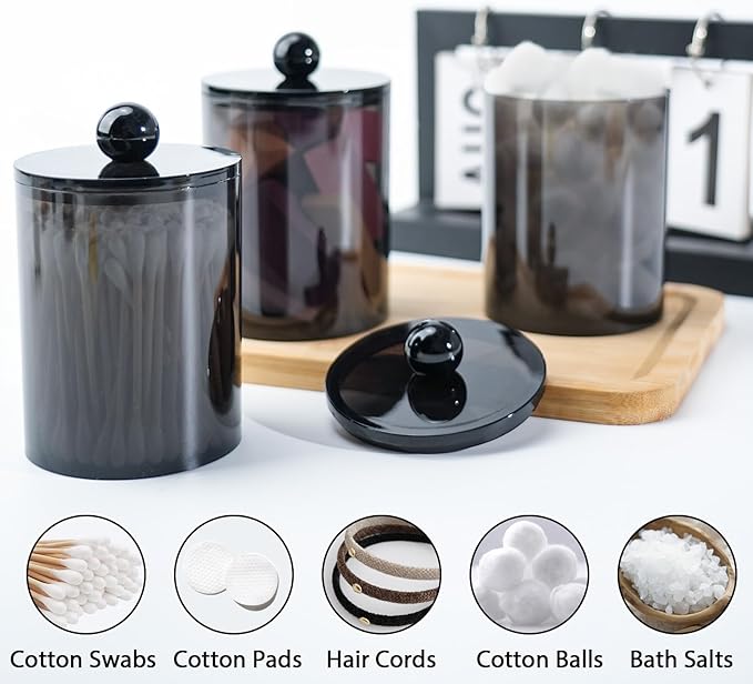 6 Pack Qtip Holder,Canister Apothecary Jar Set, Bathroom Jars with Lids Set for Cotton Swabs, Balls, Pads, Floss Picks,10oz-12oz Plastic Canisters Restroom Bedroom Vanity Organizer(Black)