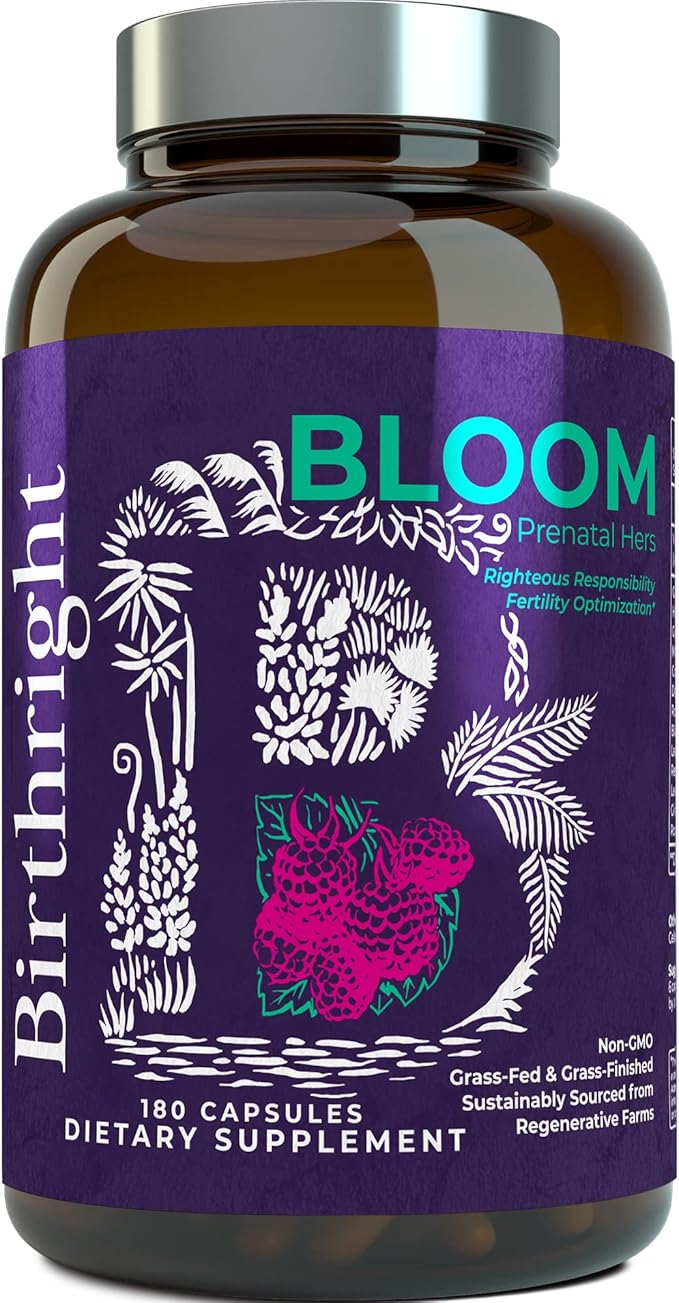 Birthright Complete Prenatal Supplement for Fetal Development… Folate, Choline + DHA, from Grass Fed Liver, Fish Eggs, Colostrum, Bone Marrow, with All Natural Herbal Blend Bloom