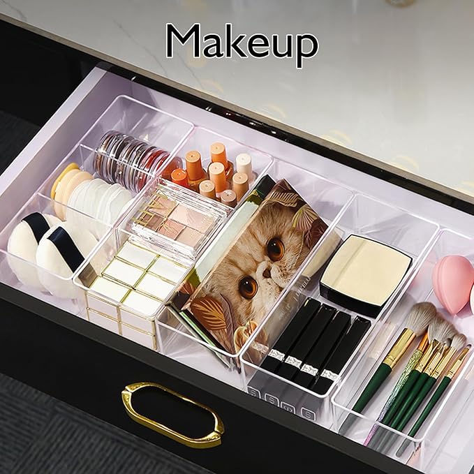 Stackable Acrylic Drawer Organizer Set, 18 PCS Multi-Size Storage Bins for Makeup, Office Desk, Bathroom, Vanity and Kitchen Utensils
