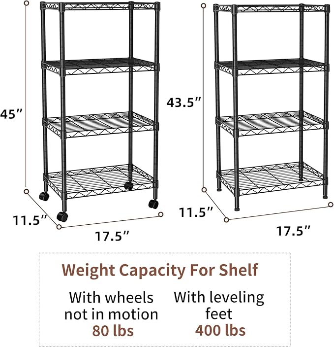 SINGAYE 4 Small Shelves Storage Shelf Wire Shelving Unit Metal Shelf Adjustable Organizers Storage Shelving with Wheels for Bathroom Laundry Room Kitchen Pantry12”D x 18”W x 45”H Black