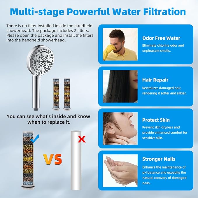 Hibbent All Metal 10'' Dual Filtered Rainfall Shower Head Combo, High Pressure Handheld Shower Head with 16'' Adjustable Arc Extension Arm, 20 Stage Shower Filter, 10-spray, 71'' Shower Hose, Chrome