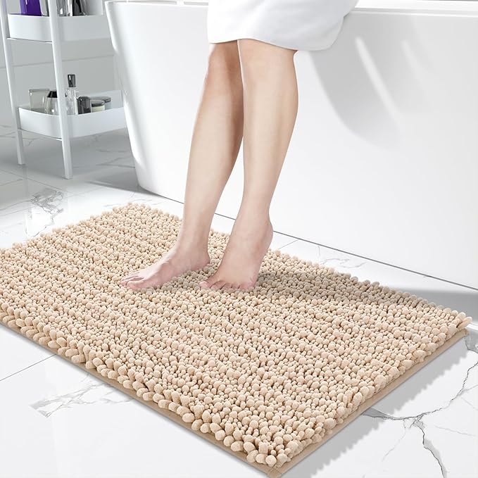 Yimobra Bathroom Rugs Non Slip Washable - Ultra Soft Absorbent Chenille Bath Mat, Quick Dry Shaggy Floor Carpet for Tub Shower, Light Brown Home Decor Accessories, 24x17 Inch